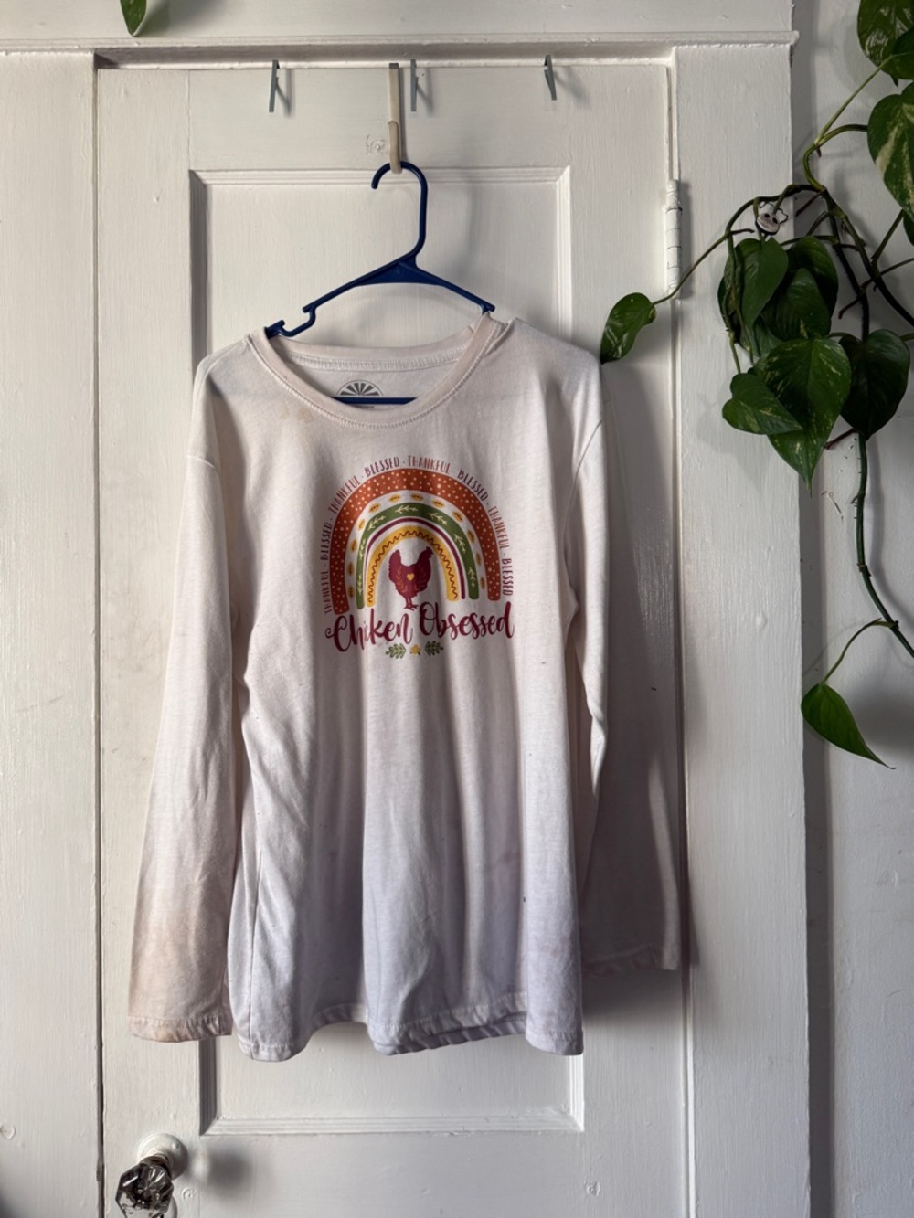 Lost Creek sizeXL White Long-Sleeve Tee with Rainbow & Chicken Graphic